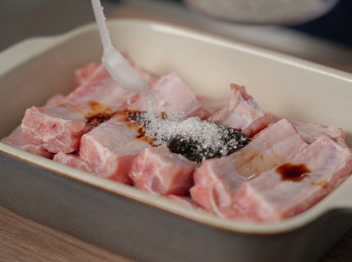 Raw ribs in a baking dish being seasoned with various sauces and aromatics.