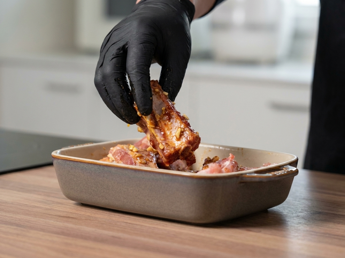 Seasoned raw ribs being mixed by hand to coat evenly.