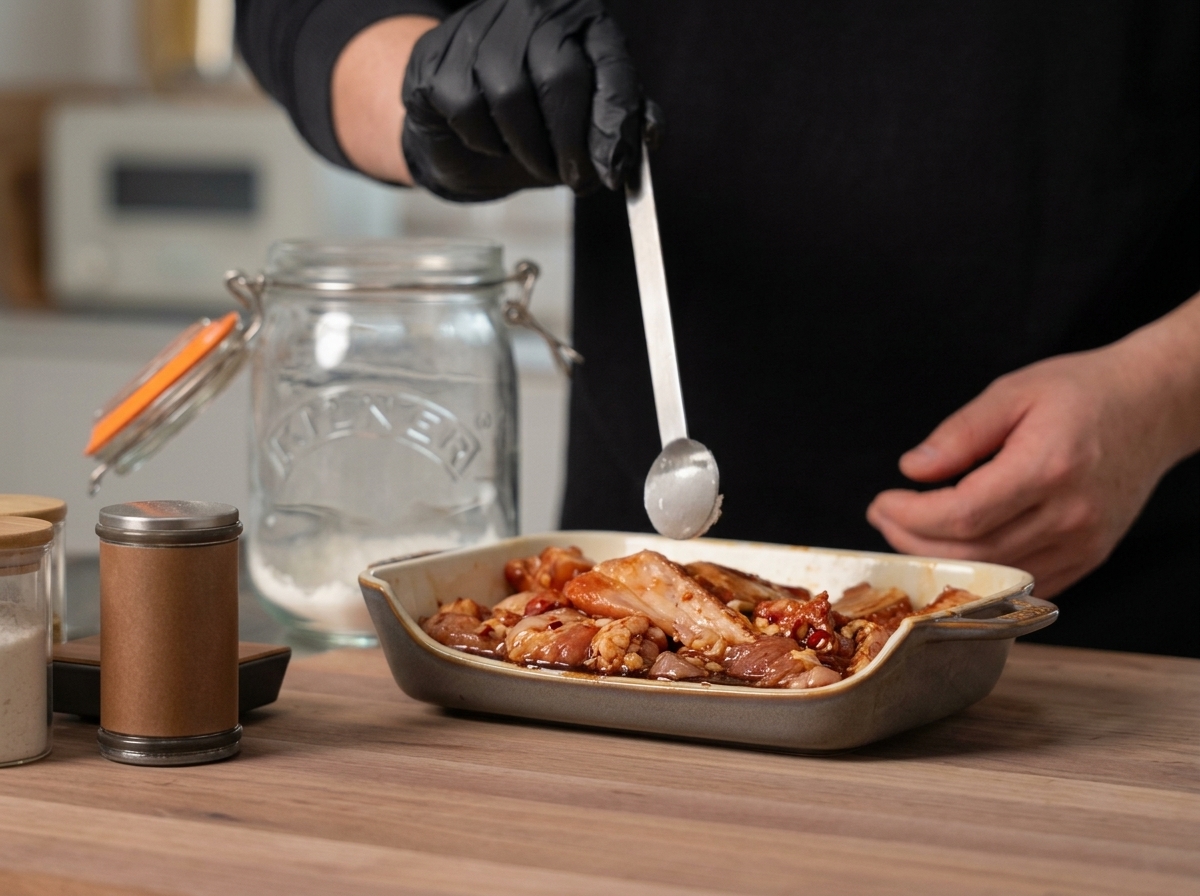 Cornstarch being sprinkled over the marinated raw ribs in a bowl.
