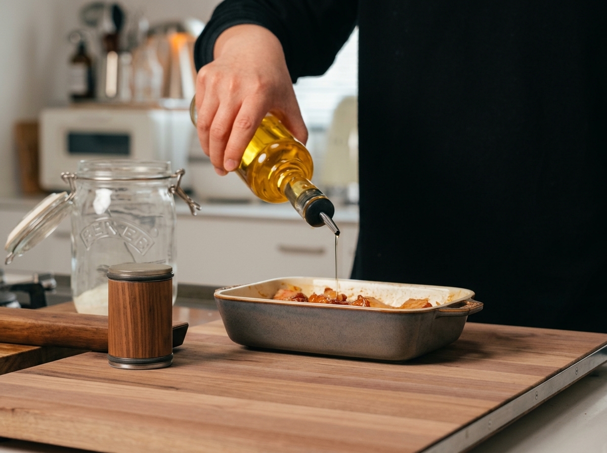 Cooking oil being drizzled over the seasoned pork ribs.