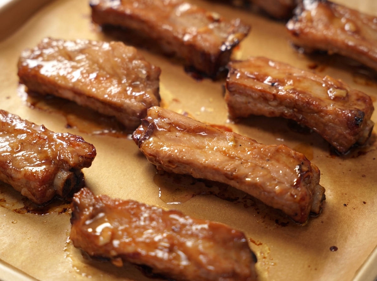 Cooking oil being sprayed onto roasted pork ribs on a baking sheet.