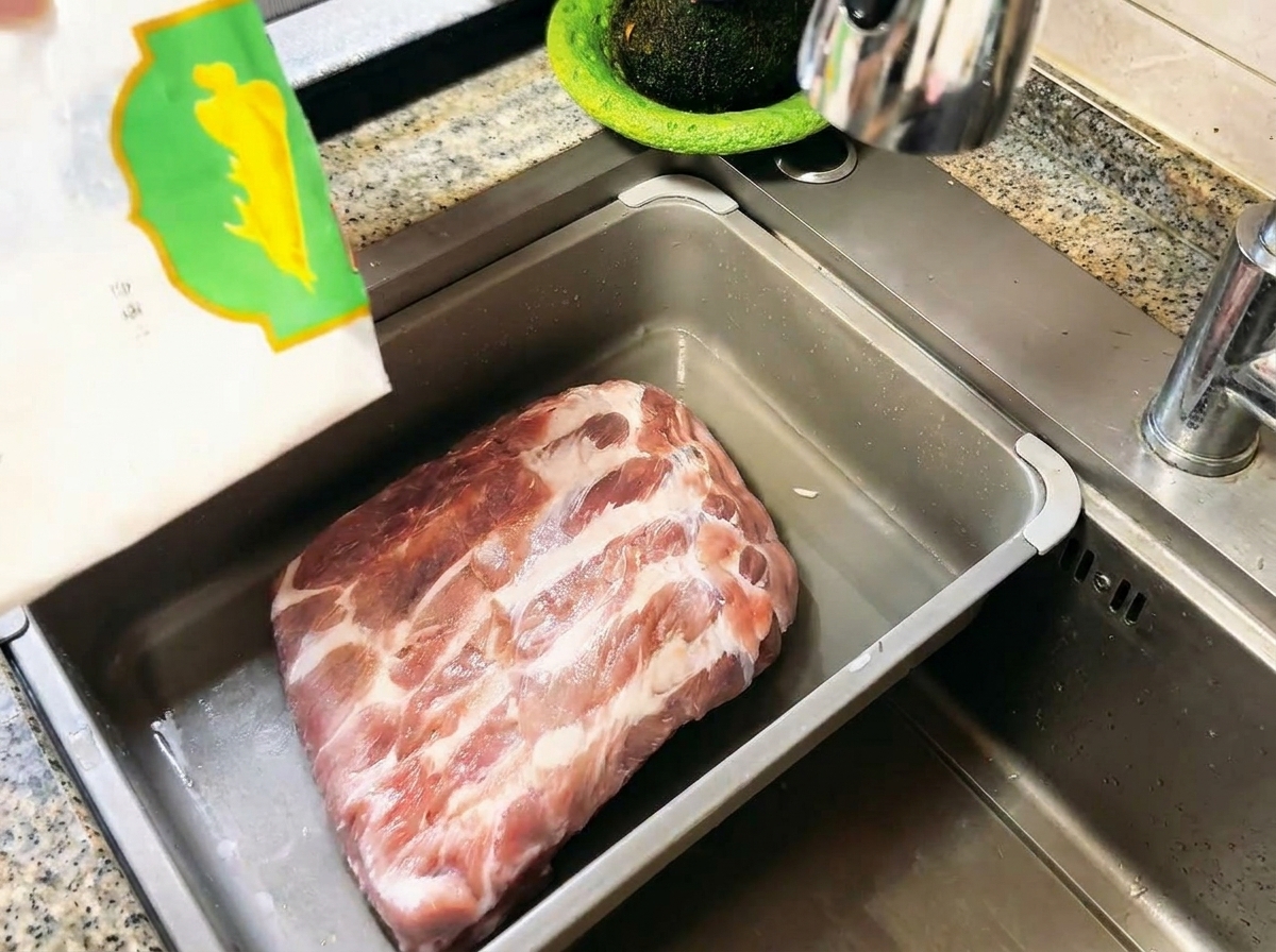 White flour being poured over a rack of raw pork ribs in a stainless steel sink.