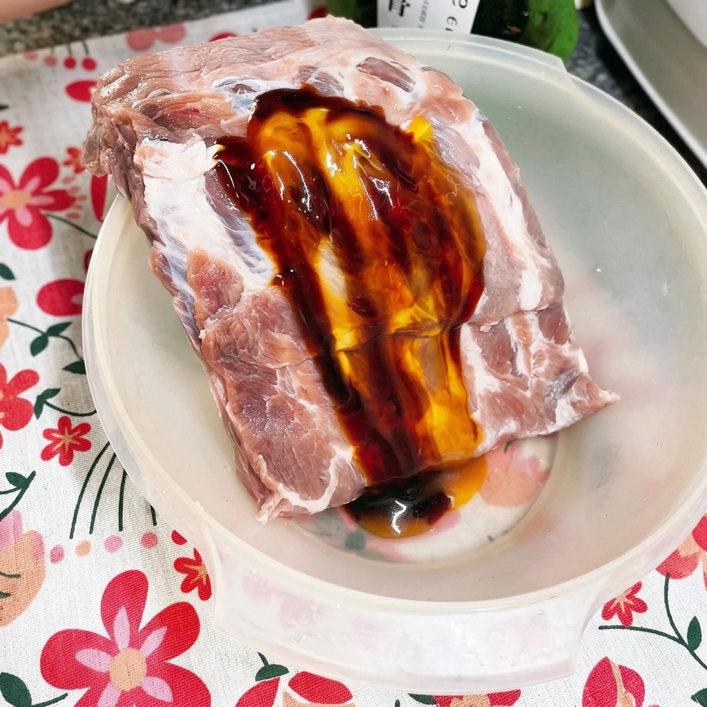 Onion, ginger, and garlic powders being sprinkled onto the seasoned pork ribs.