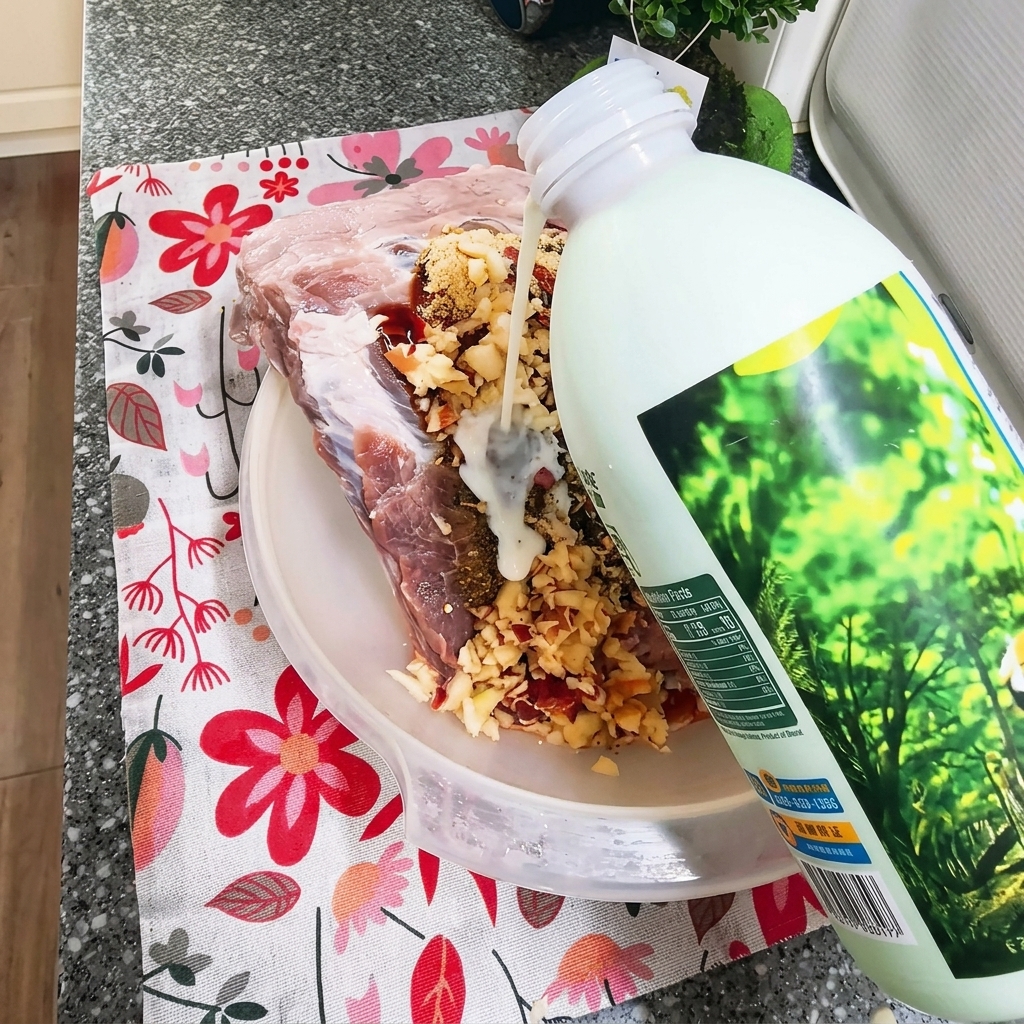 Milk being poured from a bottle into a bowl containing seasoned raw pork ribs.