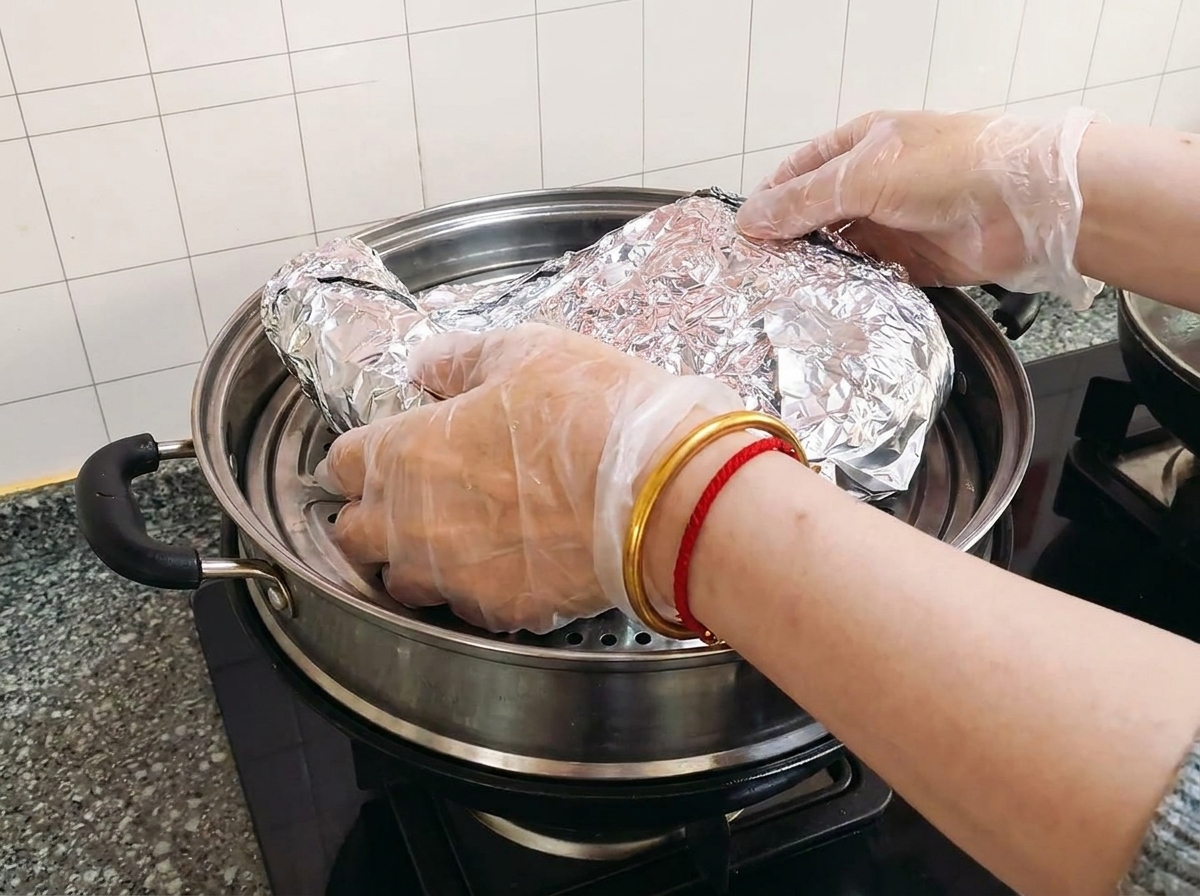 Foil-wrapped ribs being placed onto a steamer insert inside a large pot.