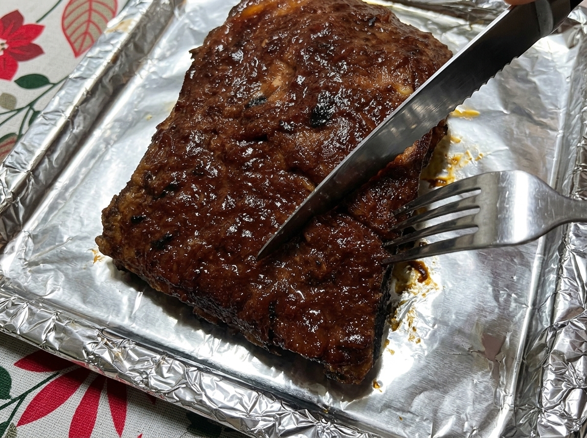 A knife and fork cutting into a piece of golden-brown roasted pork rib on a foil-lined baking tray.