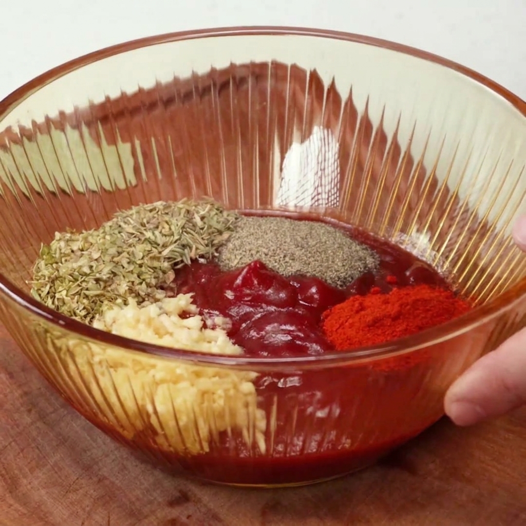 A clear glass bowl holding a thick red base of tomato ketchup topped with minced garlic, dried oregano, black pepper, and paprika powder.
