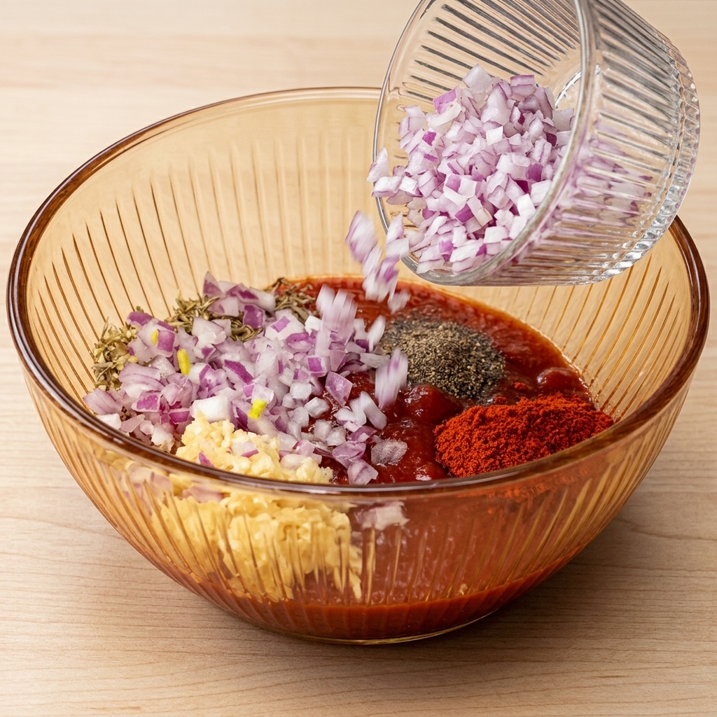 Finely diced red onions being poured from a small ribbed glass bowl into a larger bowl containing the red spice and ketchup marinade base.