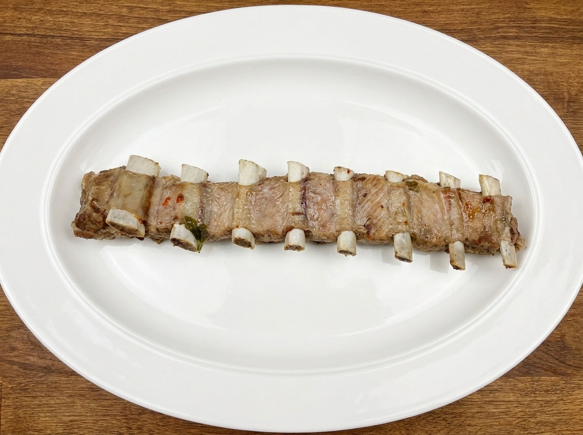 A baking sheet of sticky caramelized pork ribs fresh out of the oven.
