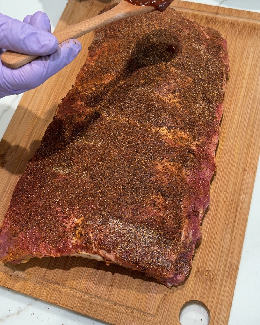 A gloved hand holding a wooden spoon, spreading dark BBQ sauce over a rack of pork ribs that is already coated in a thick layer of dry spice rub.