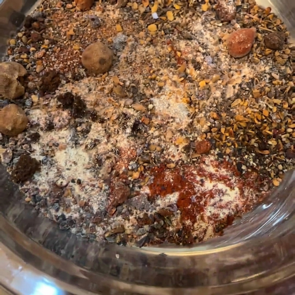 A metal fork in a stainless steel bowl mixing various ground spices and brown sugar.
