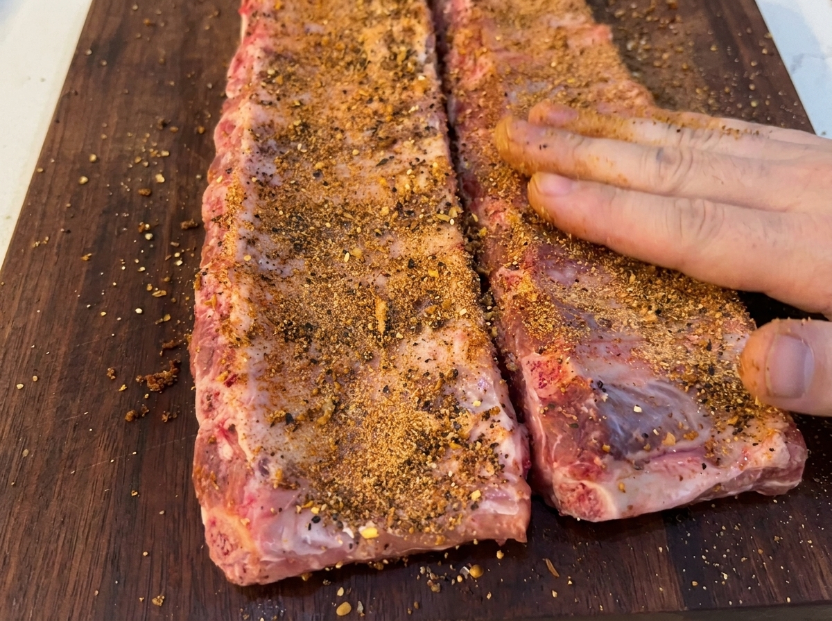 Hands rubbing the dark spice mixture onto raw pork ribs on a wooden cutting board.