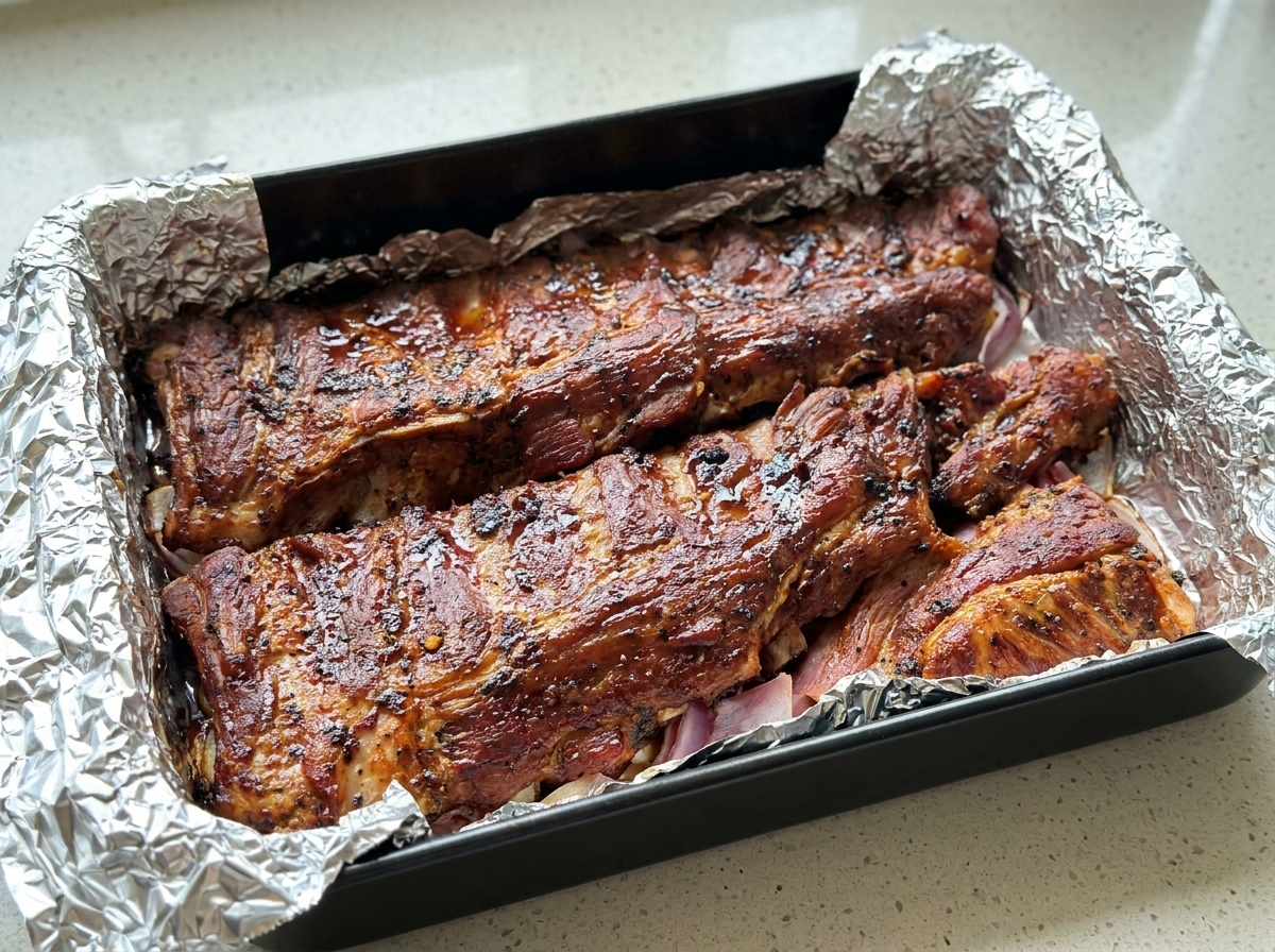 A baking tray with seasoned pork ribs resting on red onion slices, being covered tightly with aluminum foil.