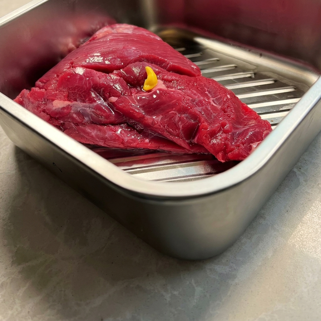 A close-up view of raw beef brisket in a metal tray with a dollop of yellow mustard being spread over the surface.