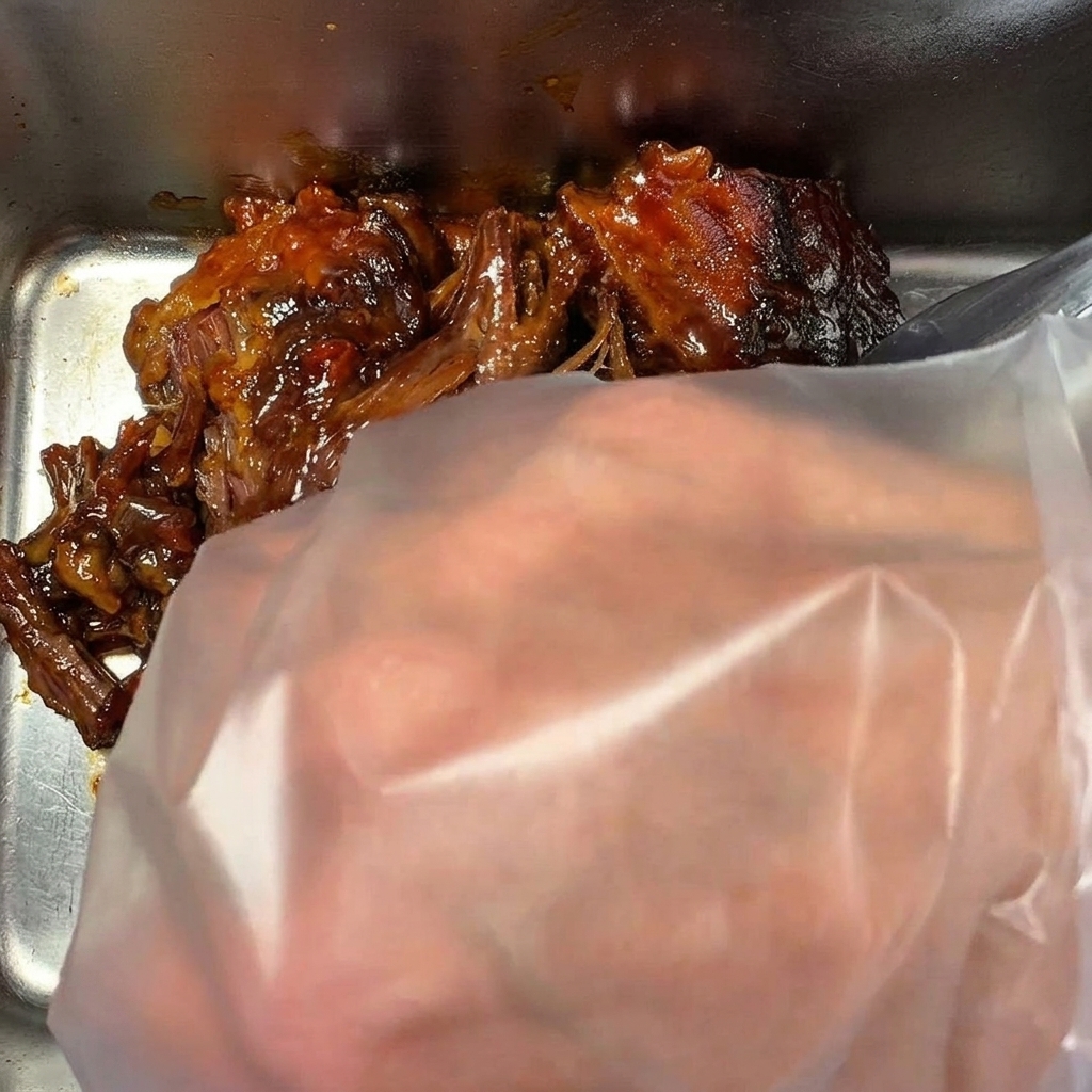 A close-up of gloved hands pulling apart a large piece of cooked, dark-brown beef brisket.