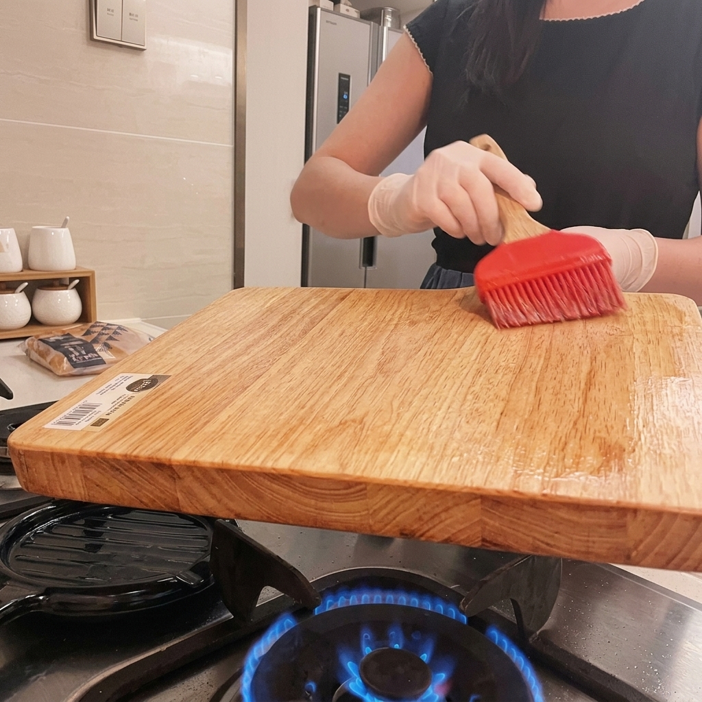 Burger bun halves toasting in a dry pan until lightly browned.