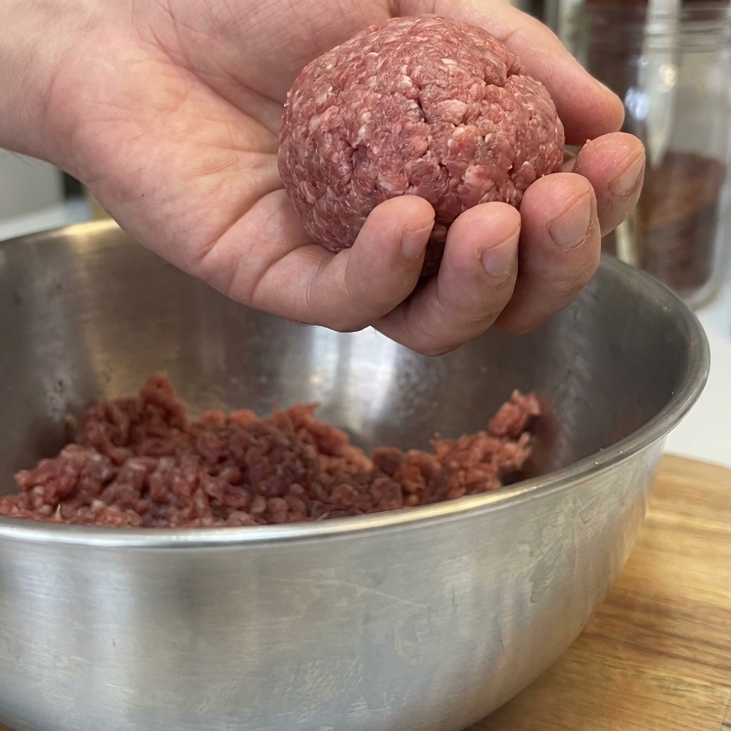 A raw 120g ball of minced beef being shaped into a patty between two palms.