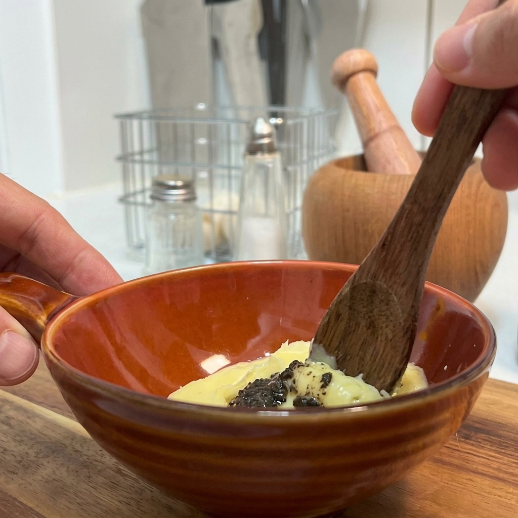 Mayonnaise, mustard, and black truffle sauce being mixed together in a small brown bowl.