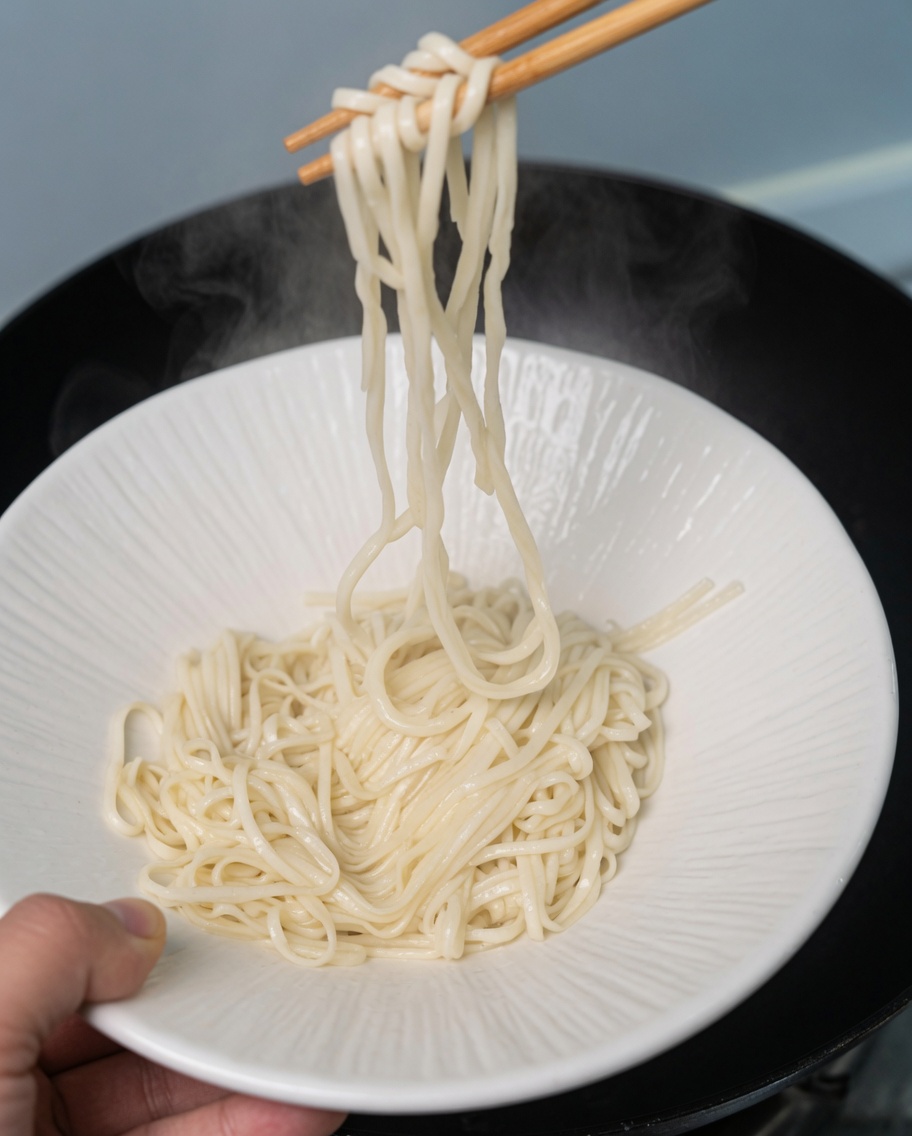 Cooked noodles and greens being lifted from a pot with chopsticks into a white bowl.