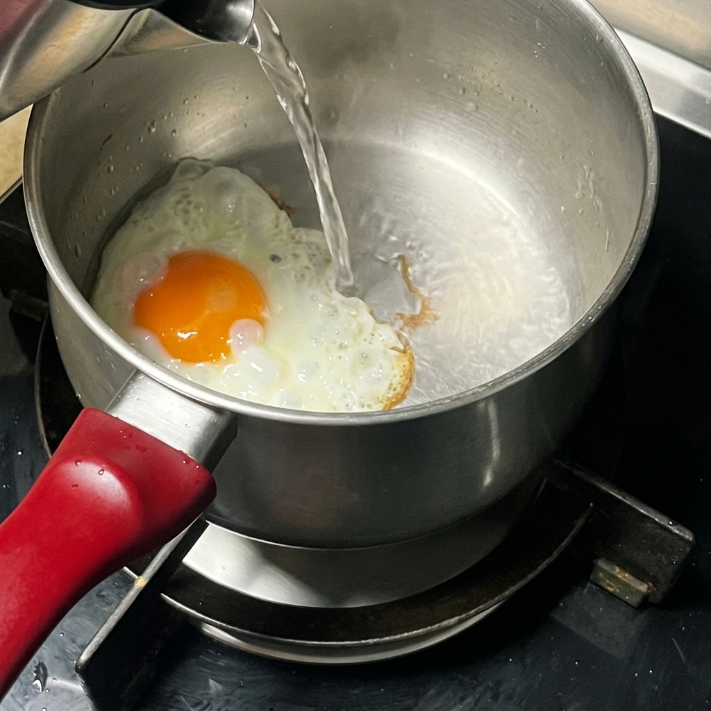 Hot water being poured from a kettle into a pot containing a partially cooked egg.