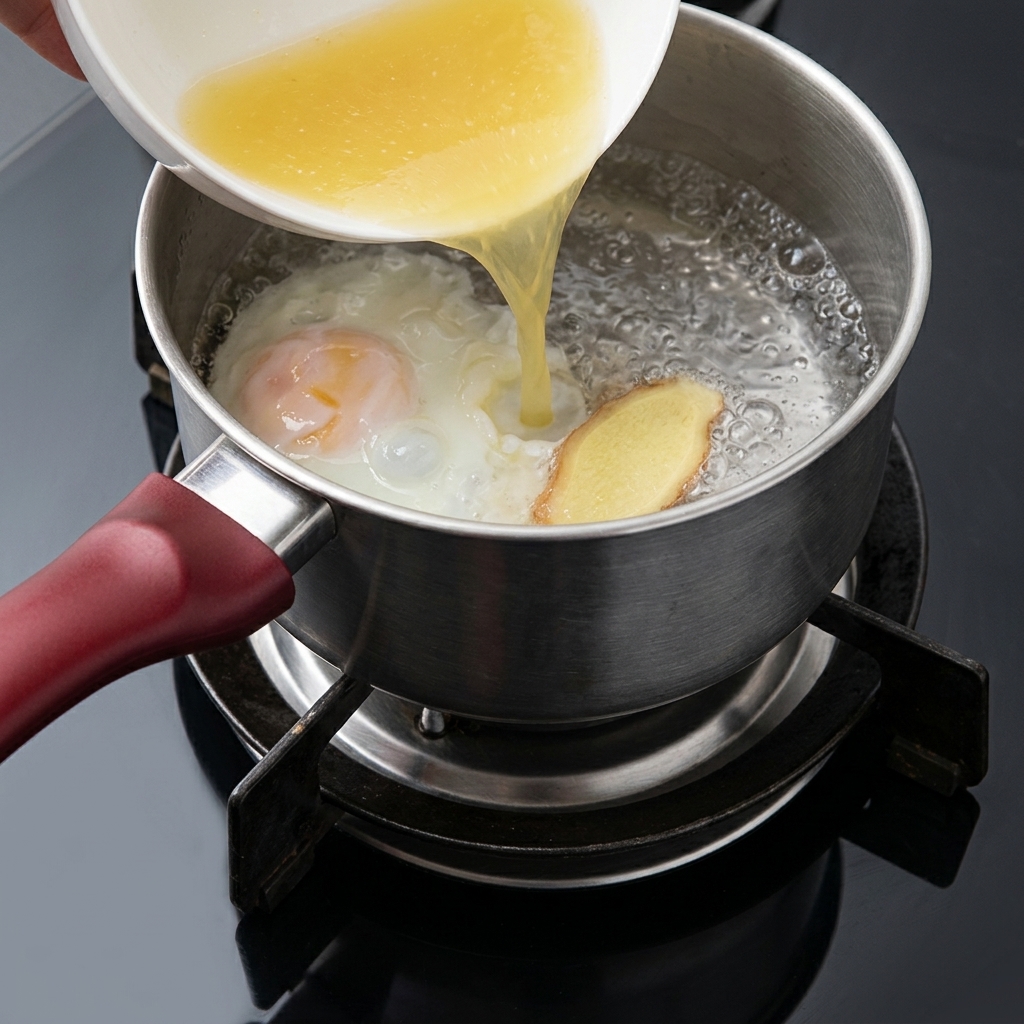 Leftover chicken soup being poured from a bowl into the boiling pot with an egg and ginger slice.