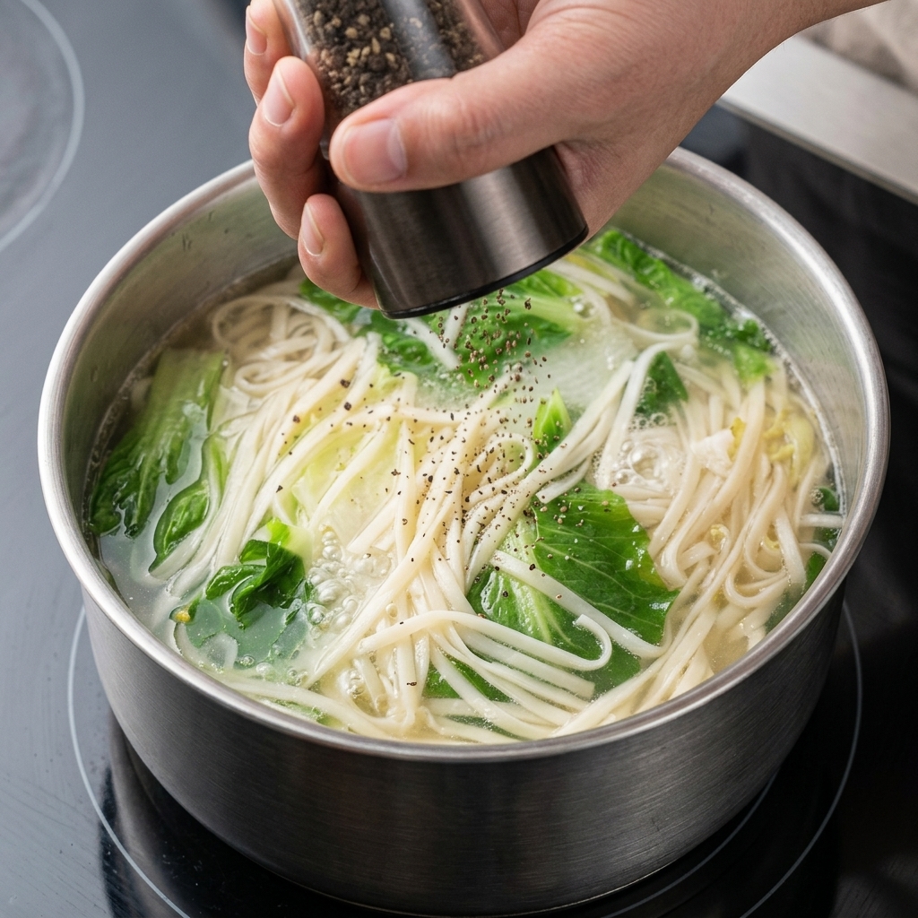 Black pepper being freshly ground from a mill into a steaming pot of noodle soup with vegetables.