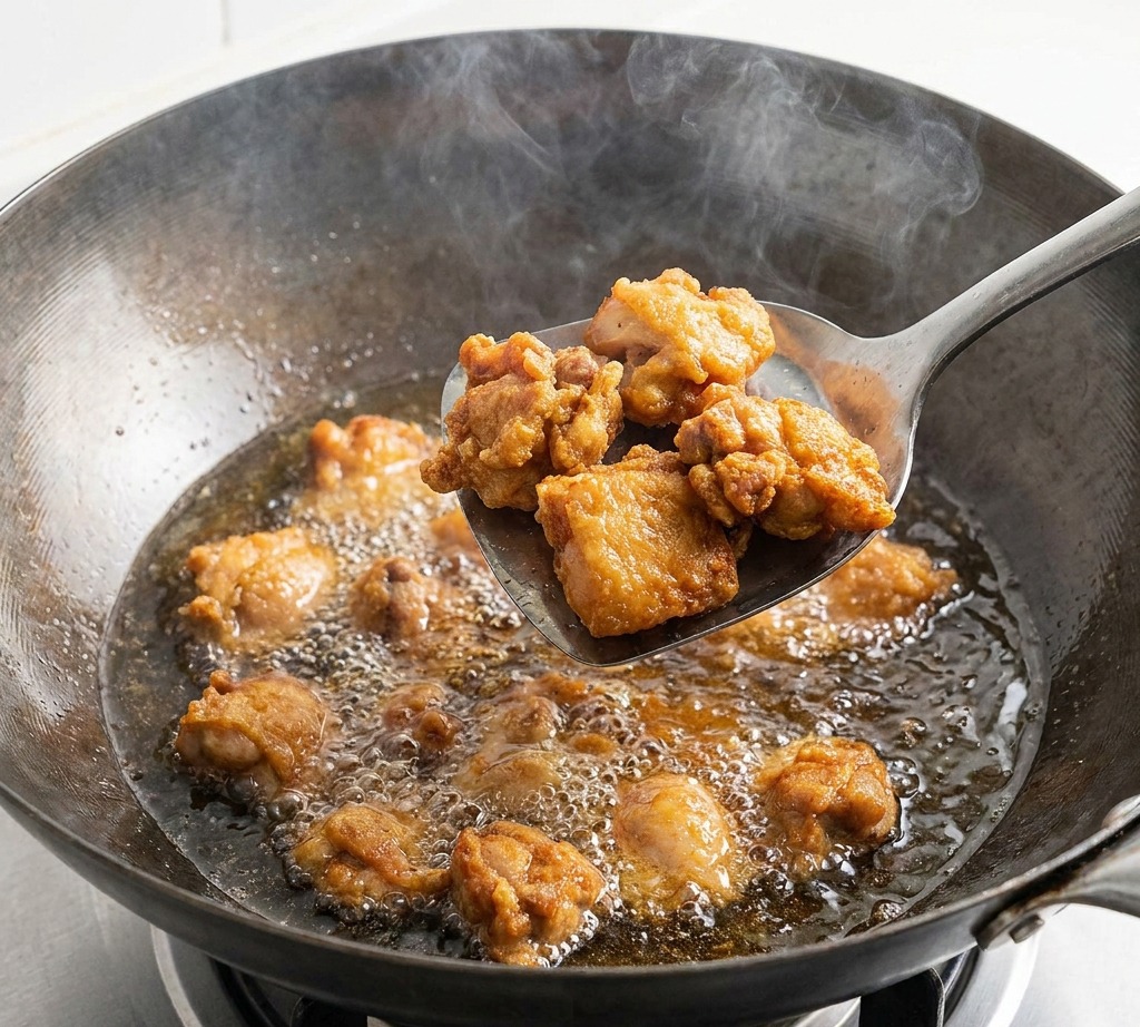 Seasoned chicken pieces frying in a hot, seasoned wok with oil bubbles visible around the meat.