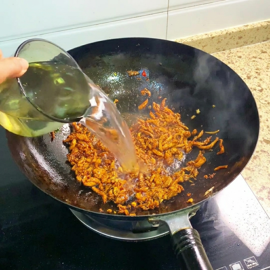 Water being poured into the wok with the seasoned chicken mixture.