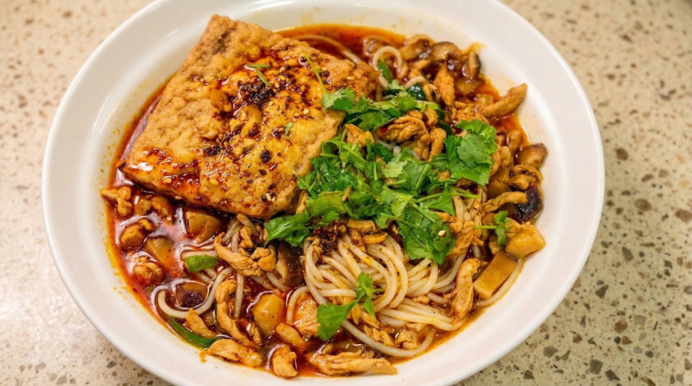Spicy Shredded Chicken Noodles with Braised Tofu