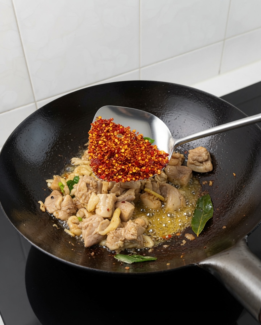 A metal spatula holding crushed red chili peppers over a wok containing sautéed chicken and aromatics.