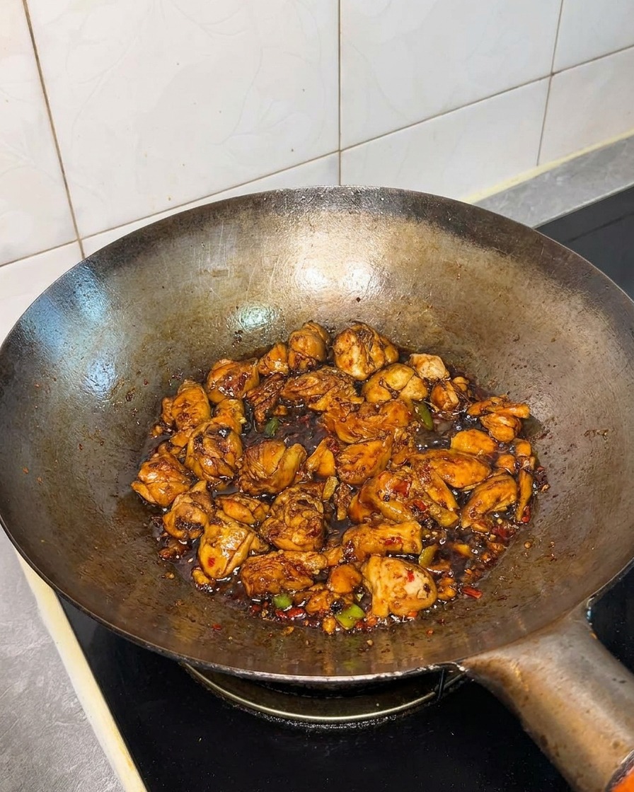 The chicken and sauce mixture in the wok after being seasoned with spices and condiments.