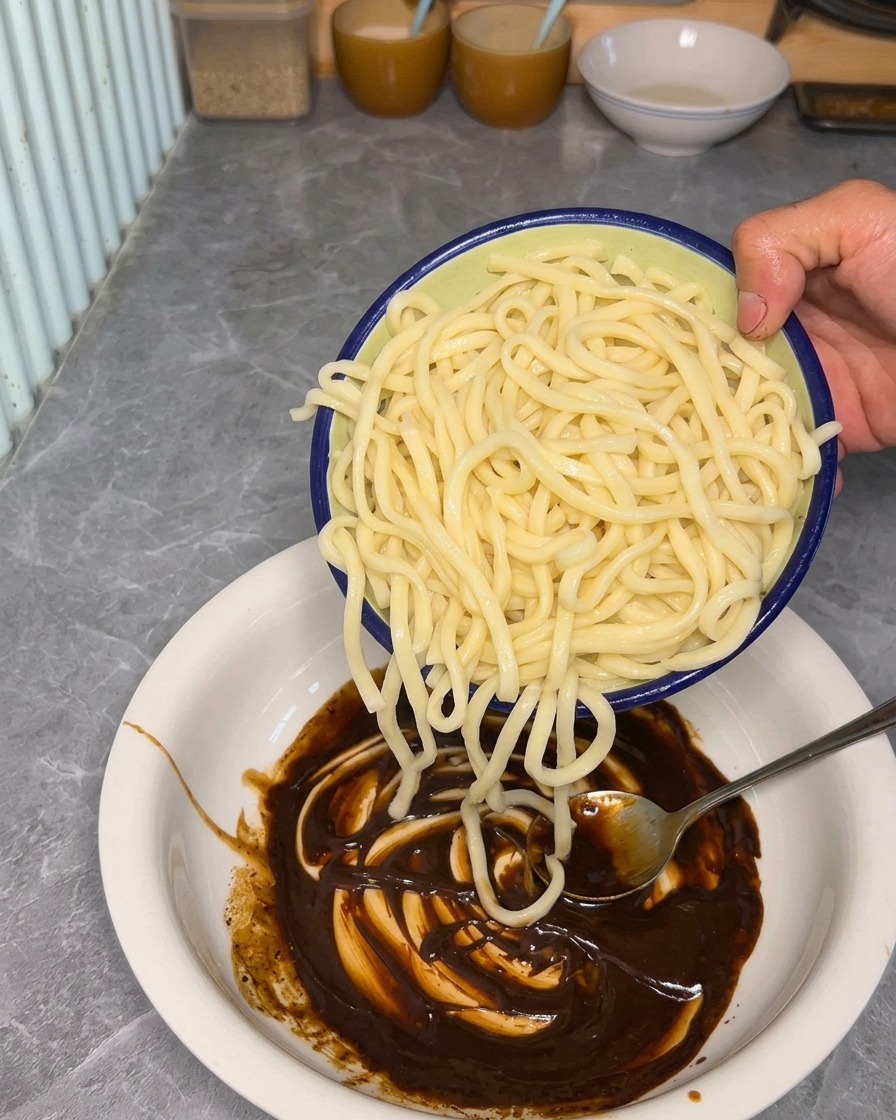Freshly cooked noodles being added to a bowl containing a dark sesame and soy sauce base.