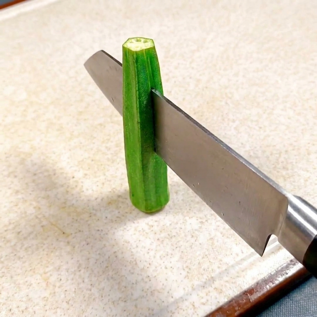 A single okra pod being carefully sliced lengthwise with a chefs knife on a cutting board.