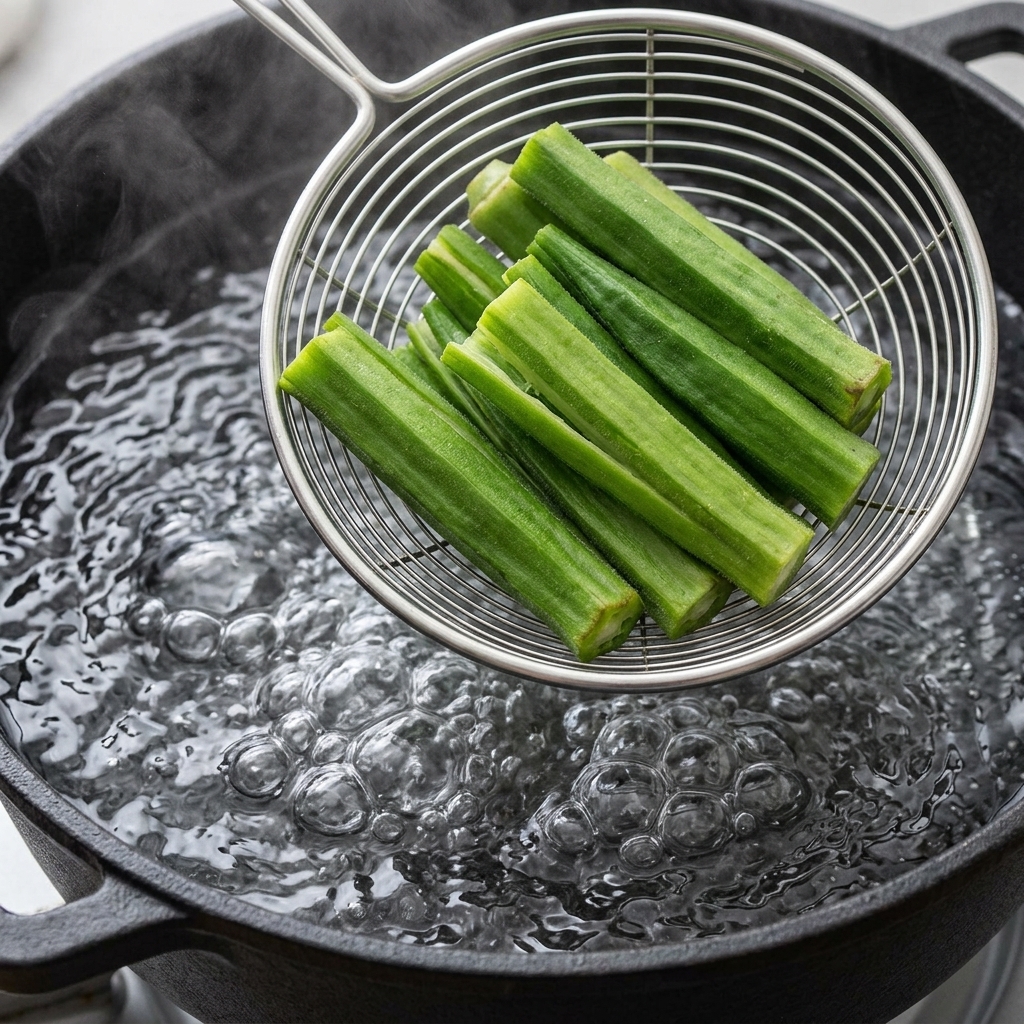 Strainer lifting blanched okra pieces from a pot of boiling water.