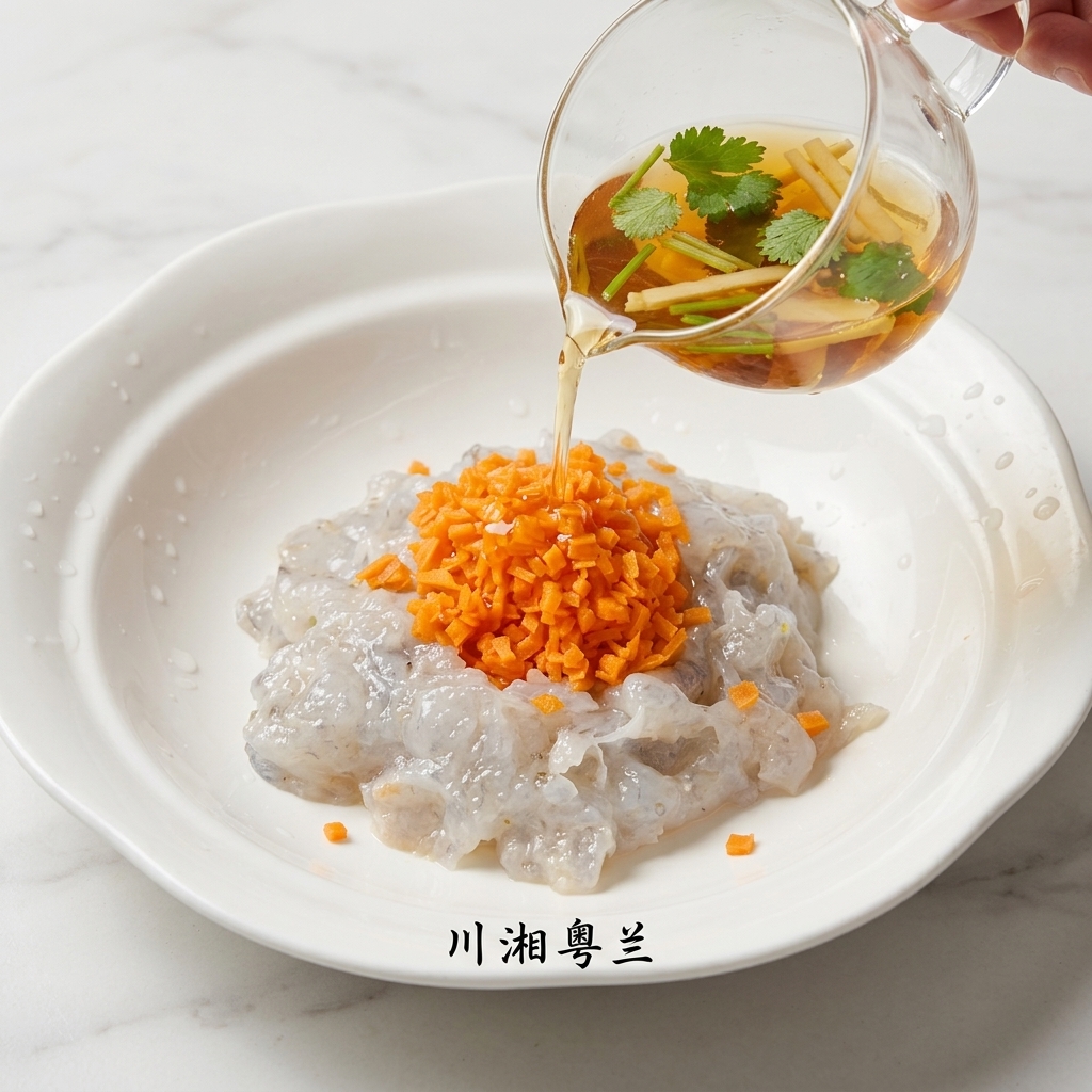 Seasonings being poured from a small glass pitcher into a bowl filled with raw shrimp paste.