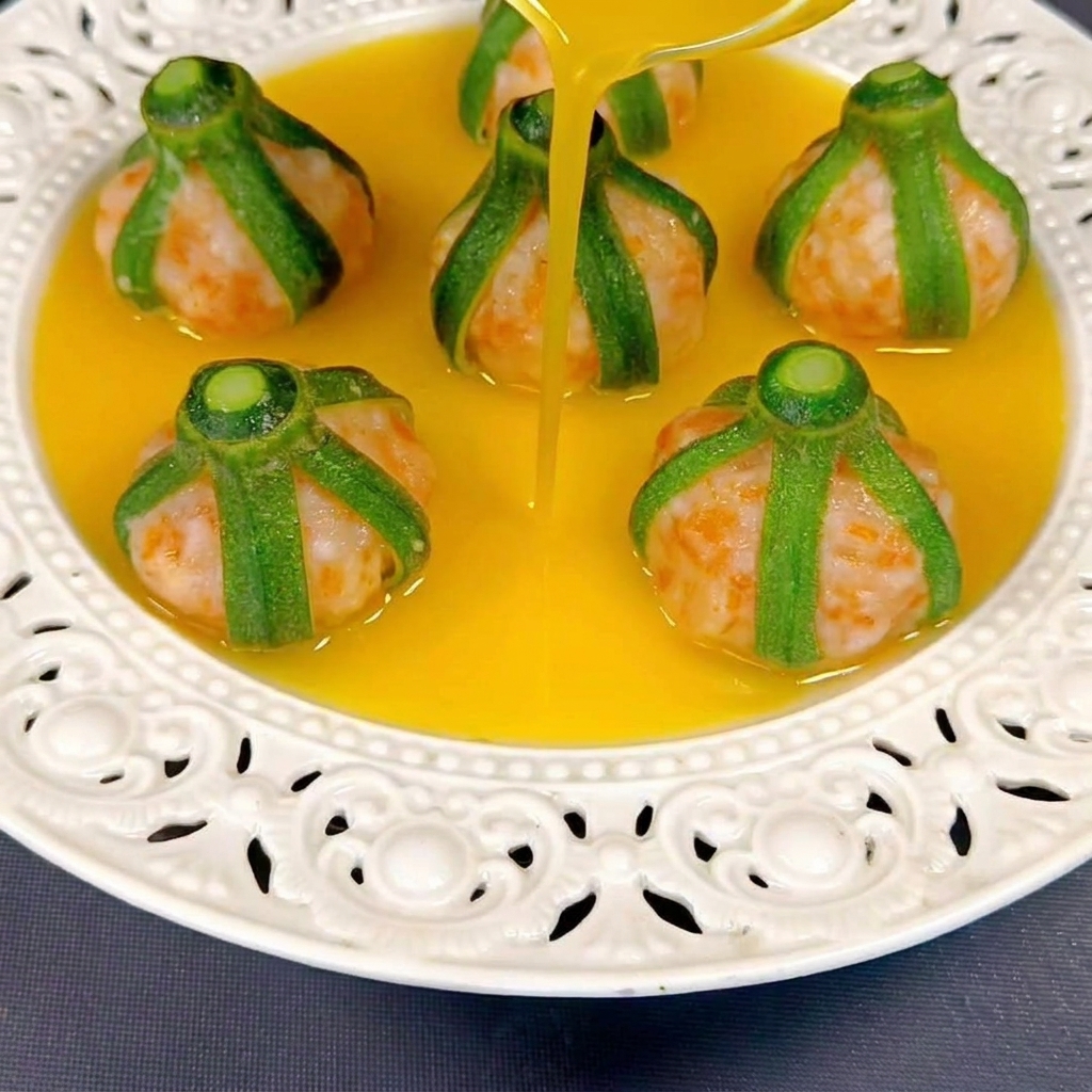 A smooth, thickened golden sauce being poured from a small glass pitcher over steamed shrimp balls wrapped in green okra strips, arranged on an ornate white plate.