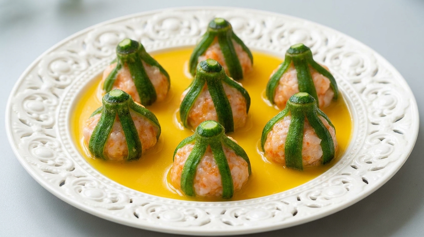 Steamed Okra Shrimp Bites in Golden Sauce