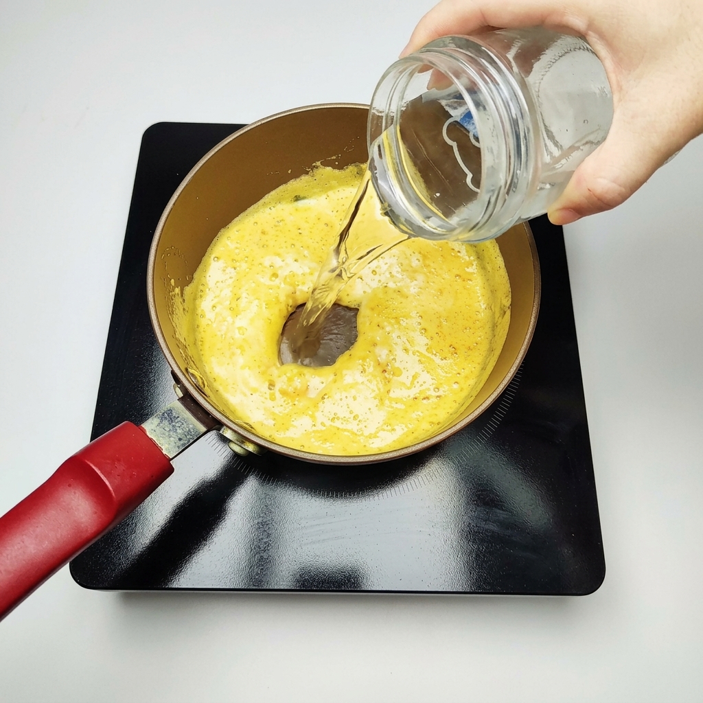 A hand pouring water from a clear glass jar into a pot containing a bubbling, golden yellow salted egg yolk mixture.
