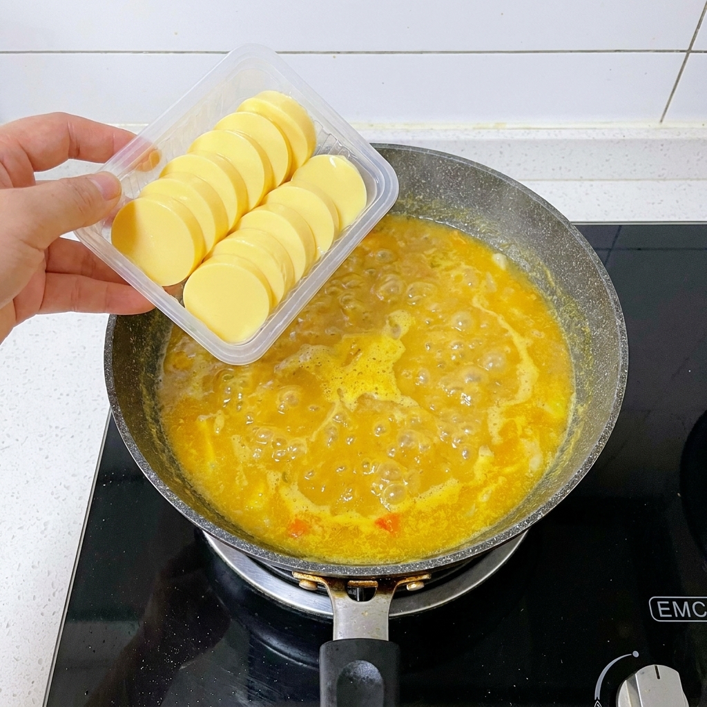 A hand carefully sliding round slices of yellow egg tofu from a plastic tray into a bubbling golden broth on the stove.