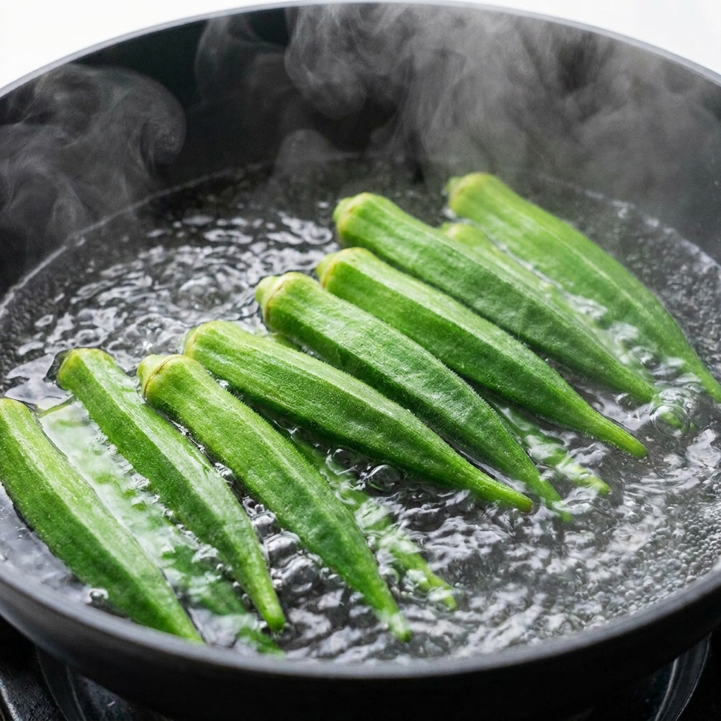 Whole okra blanching in a pot of boiling water.
