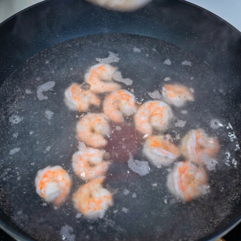Shrimp boiling in a pot of water until cooked through.