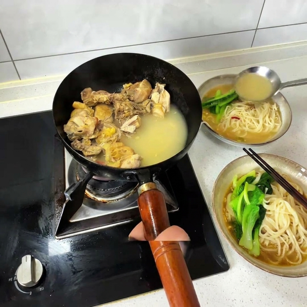 Ladling hot chicken broth and cooked chicken chunks from a wok over a bowl of noodles and leafy greens.