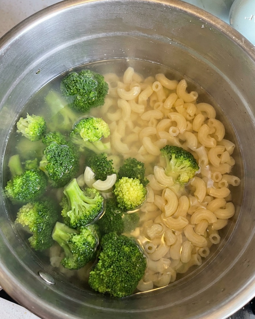 A wire skimmer lifting cooked macaroni and broccoli florets from a pot of water.