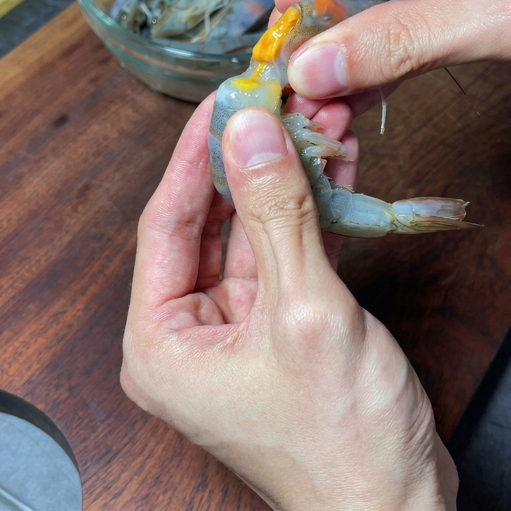 A close-up shot of hands removing the vein from a raw, peeled shrimp.