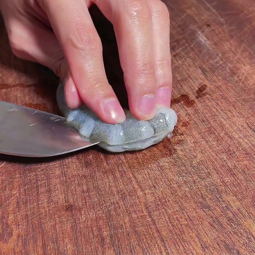Peeled raw shrimp in a clear glass bowl being seasoned with salt and pepper.
