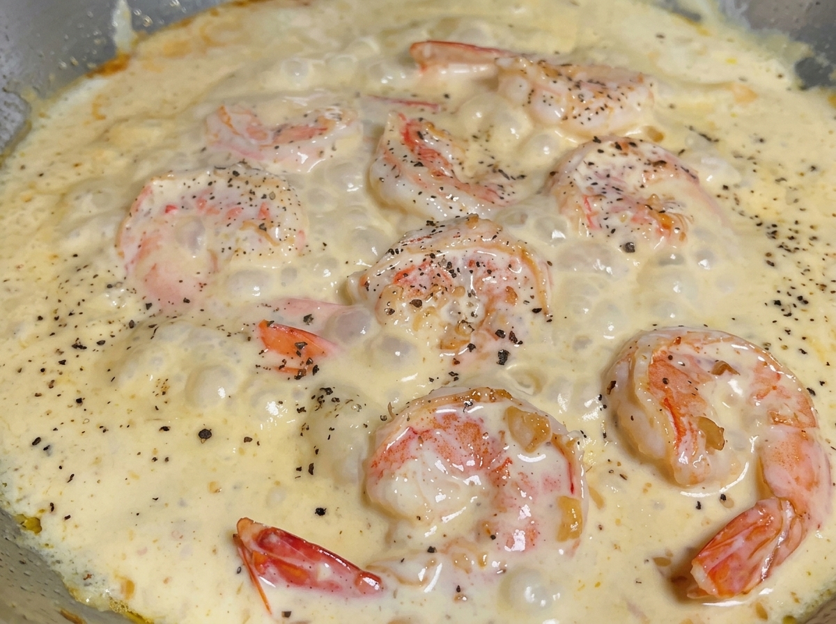 Cooked pasta being added to a pan filled with creamy shrimp sauce and seasonings.