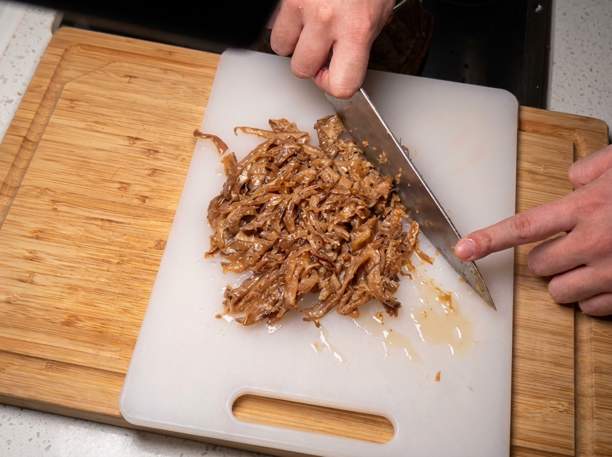 Finely chopped onions and shredded carrots softening in a hot pan.