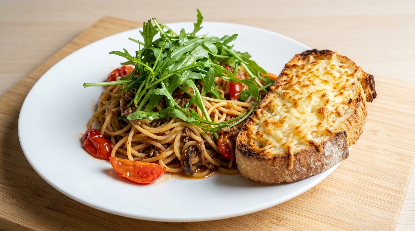 Anchovy Spaghetti with Cheesy Garlic Toast