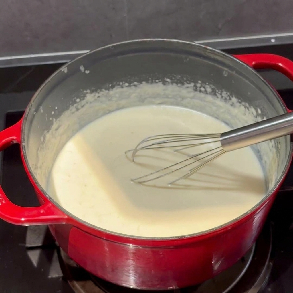 Cheddar and parmesan cheese being stirred into the creamy white sauce.