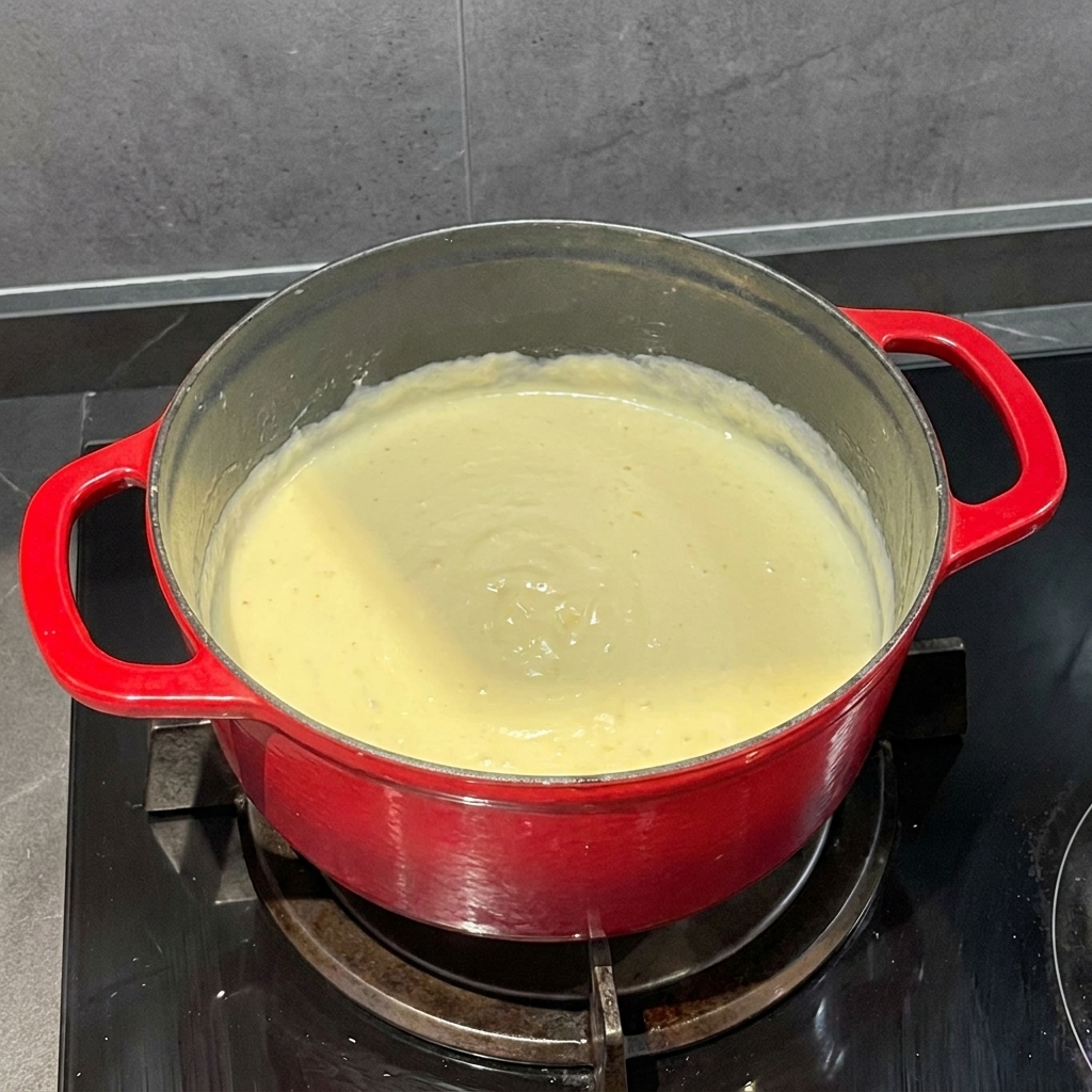 A smooth, creamy cheese sauce in a red pot, seasoned with cracked black pepper.